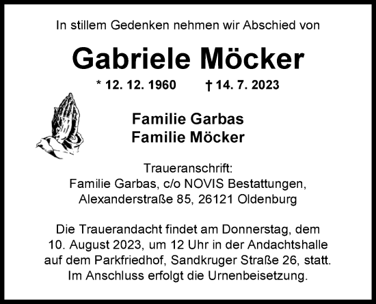 Traueranzeige von Gabriele Möcker von Nordwest-Zeitung
