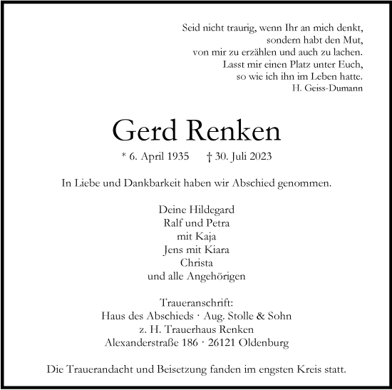 Traueranzeige von Gerd Renken von Nordwest-Zeitung
