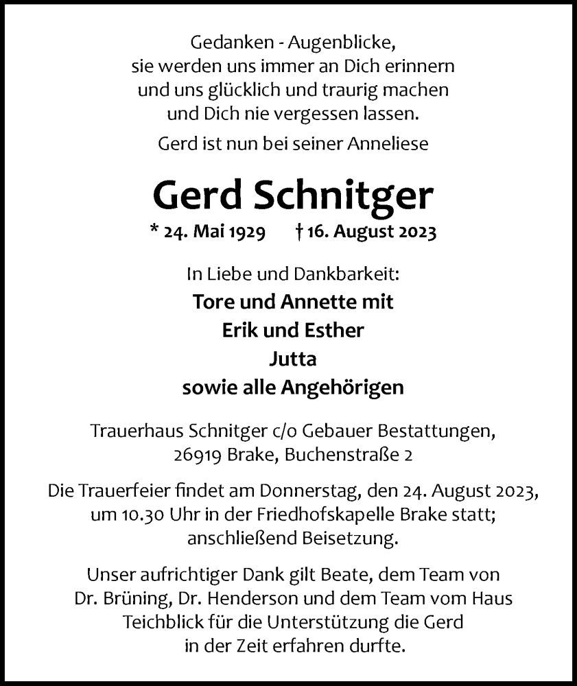  Traueranzeige für Gerd Schnitger vom 19.08.2023 aus Nordwest-Zeitung