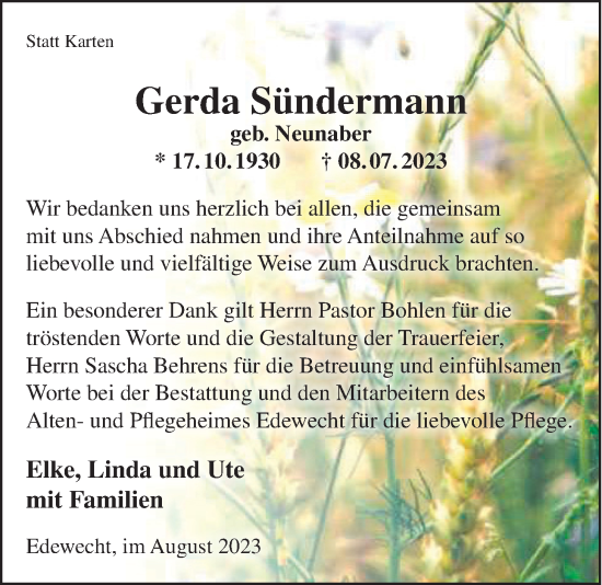 Traueranzeige von Gerda Sündermann von Nordwest-Zeitung