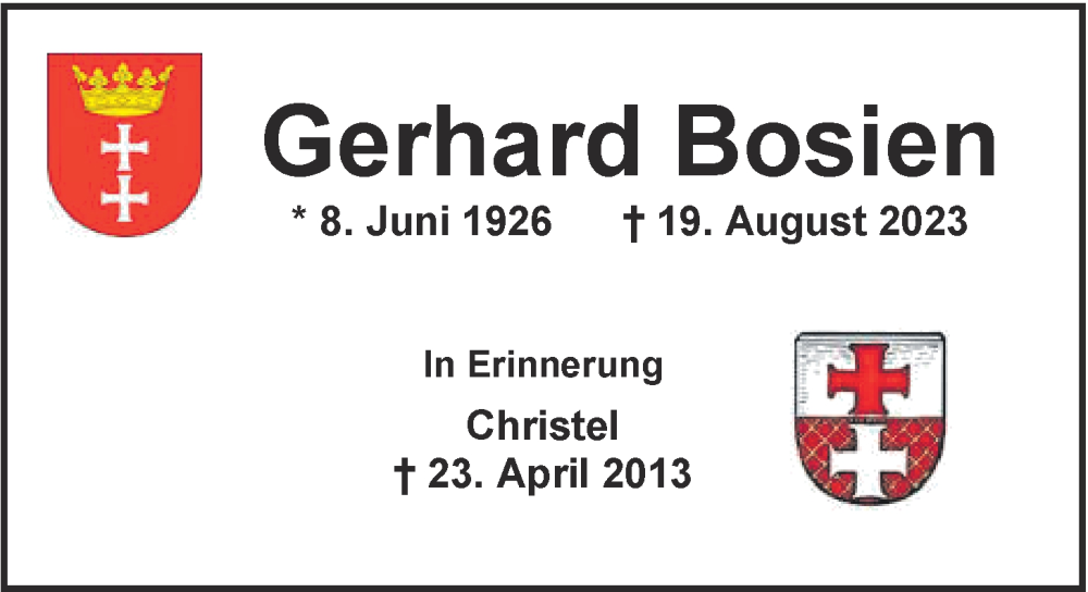  Traueranzeige für Gerhard Bosien vom 26.08.2023 aus Nordwest-Zeitung