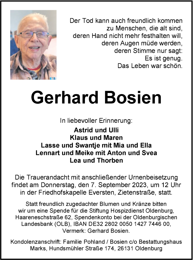  Traueranzeige für Gerhard Bosien vom 26.08.2023 aus Nordwest-Zeitung