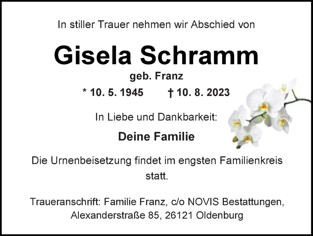  Traueranzeige für Gisela Schramm vom 15.08.2023 aus Nordwest-Zeitung