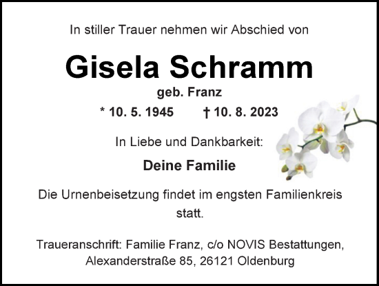 Traueranzeige von Gisela Schramm von Nordwest-Zeitung