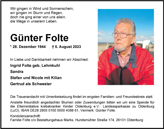 Traueranzeige von Günter Folte von Nordwest-Zeitung