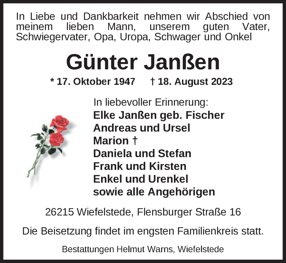  Traueranzeige für Günter Janßen vom 22.08.2023 aus Nordwest-Zeitung