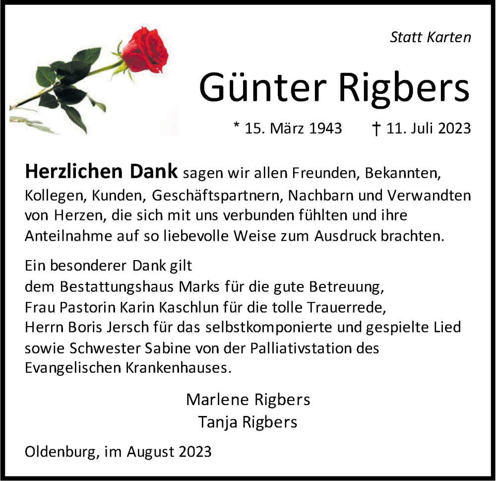  Traueranzeige für Günter Rigbers vom 26.08.2023 aus Nordwest-Zeitung