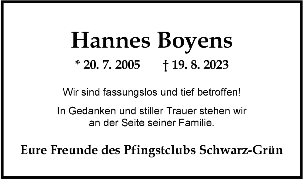  Traueranzeige für Hannes Boyens vom 26.08.2023 aus Nordwest-Zeitung