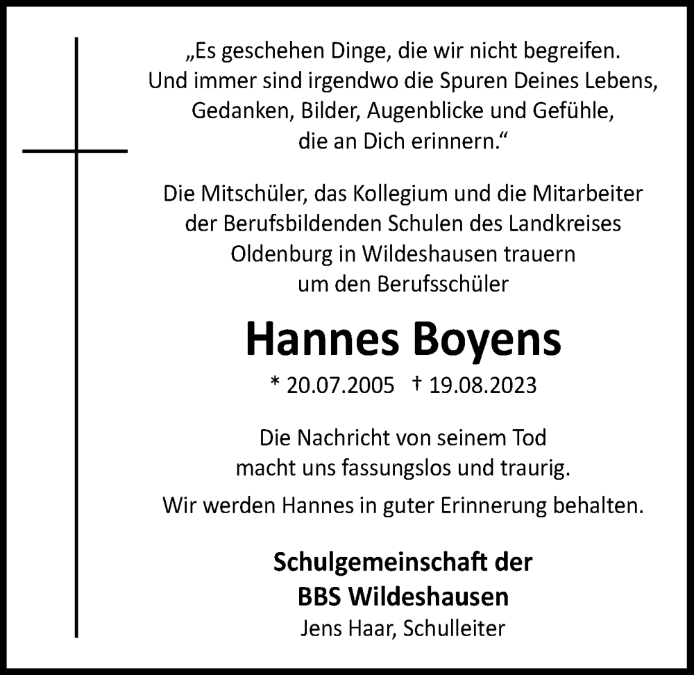  Traueranzeige für Hannes Boyens vom 26.08.2023 aus Nordwest-Zeitung