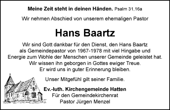 Traueranzeige von Hans Baartz von Nordwest-Zeitung