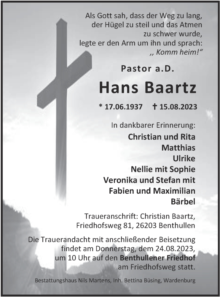  Traueranzeige für Hans Baartz vom 19.08.2023 aus Nordwest-Zeitung