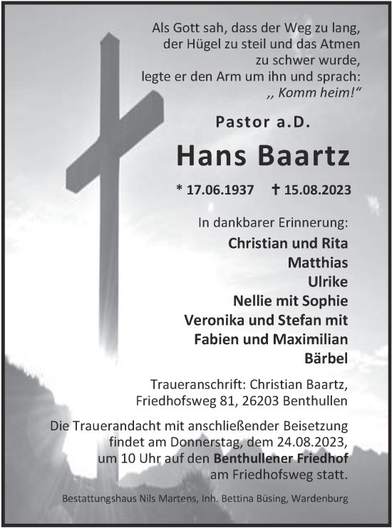 Traueranzeige von Hans Baartz von Nordwest-Zeitung
