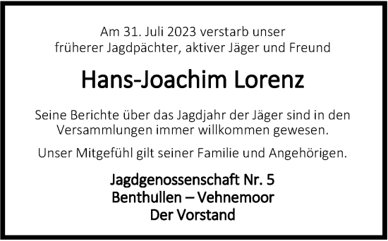 Traueranzeige von Hans-Joachim Lorenz von Nordwest-Zeitung