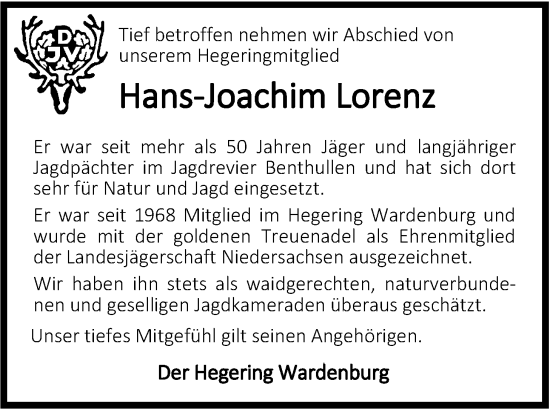 Traueranzeige von Hans-Joachim Lorenz von Nordwest-Zeitung