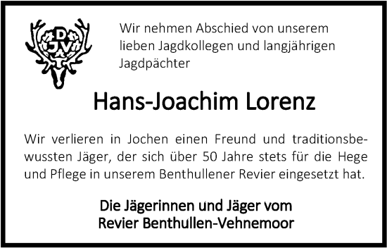 Traueranzeige von Hans-Joachim Lorenz von Nordwest-Zeitung