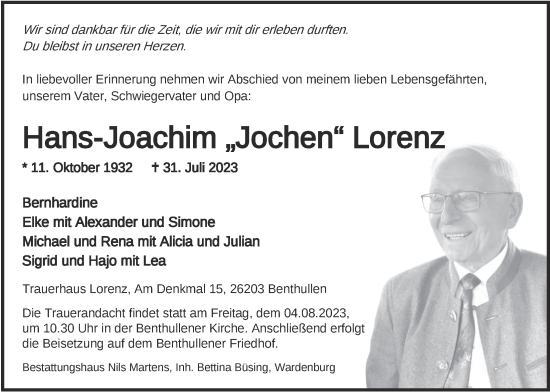 Traueranzeige von Hans-Joachim Lorenz von Nordwest-Zeitung