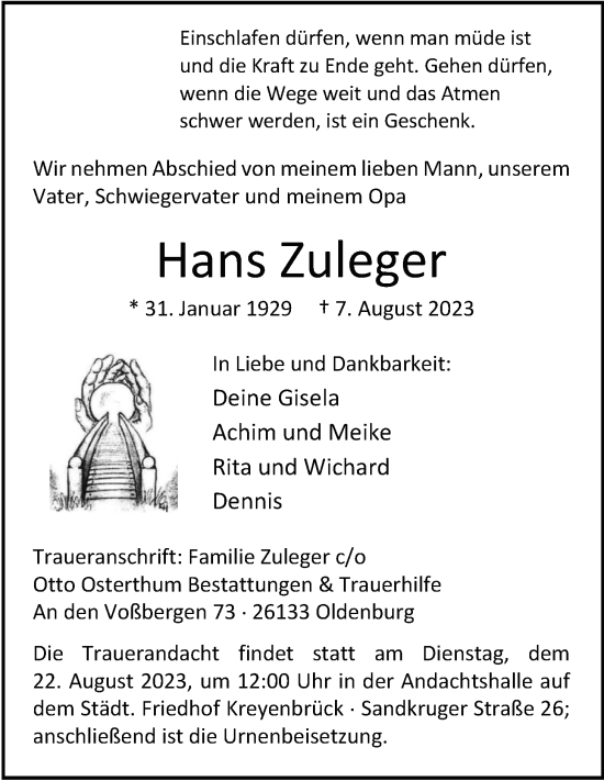 Traueranzeige von Hans Zuleger von Nordwest-Zeitung