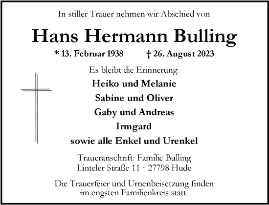 Traueranzeige von Hans Hermann Bulling von Nordwest-Zeitung