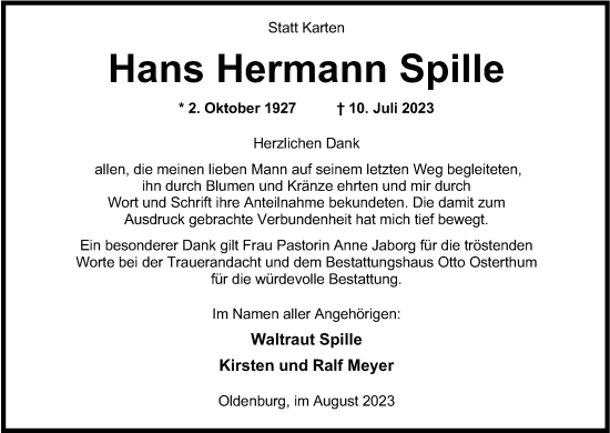 Traueranzeige von Hans Hermann Spille von Nordwest-Zeitung