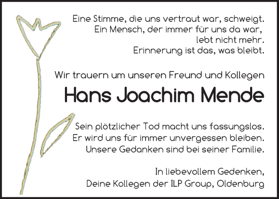 Traueranzeige von Hans Joachim Mende von Nordwest-Zeitung