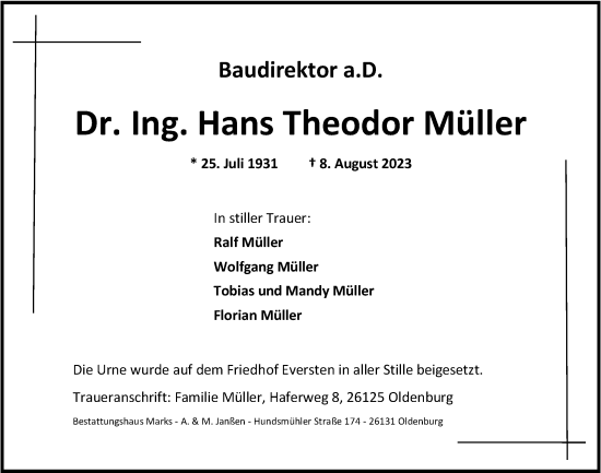 Traueranzeige von Hans Theodor Müller von Nordwest-Zeitung