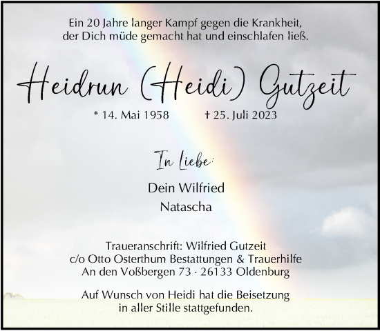 Traueranzeige von Heidrun Gutzeit von Nordwest-Zeitung