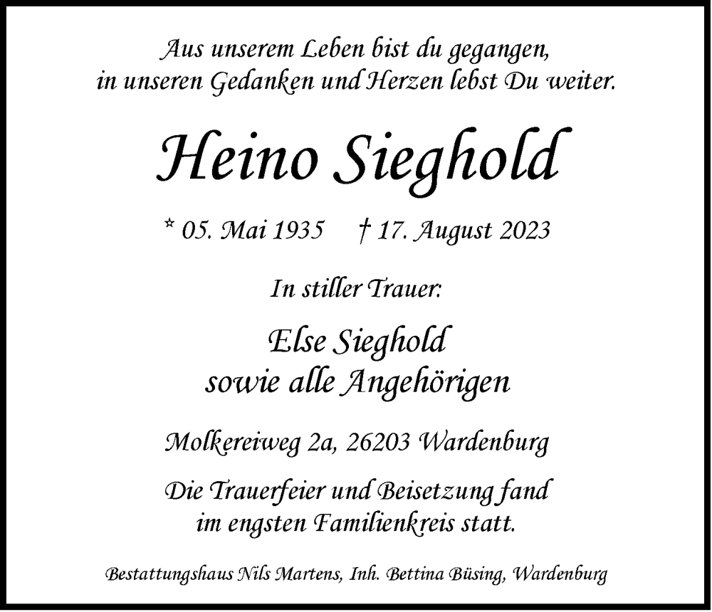  Traueranzeige für Heino Sieghold vom 26.08.2023 aus Nordwest-Zeitung