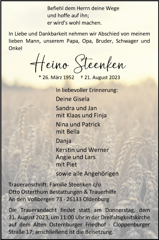 Traueranzeige von Heino Steenken von Nordwest-Zeitung