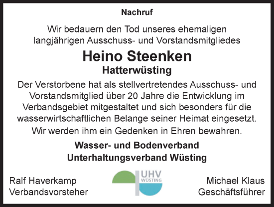 Traueranzeige von Heino Steenken von Nordwest-Zeitung