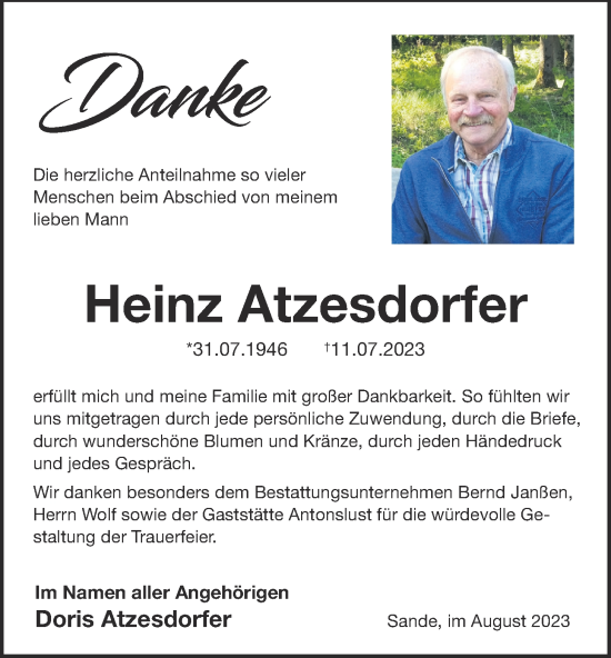 Traueranzeige von Heinz Atzesdorfer von WZ/JW/AH