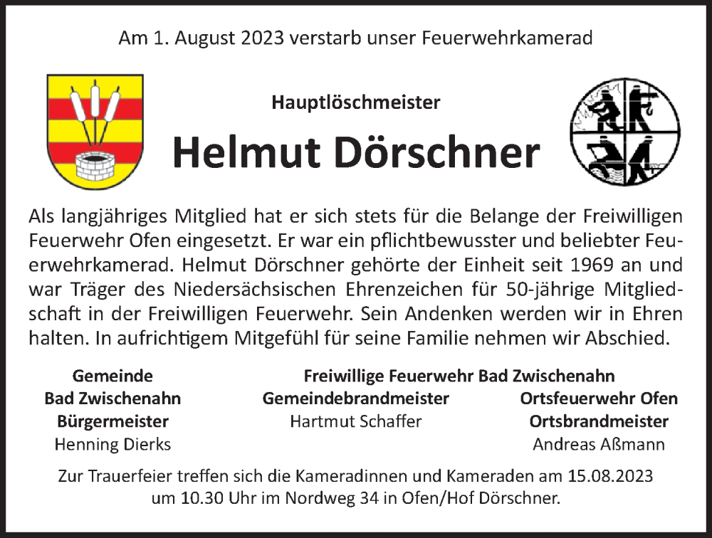  Traueranzeige für Helmut Dörschner vom 08.08.2023 aus Nordwest-Zeitung