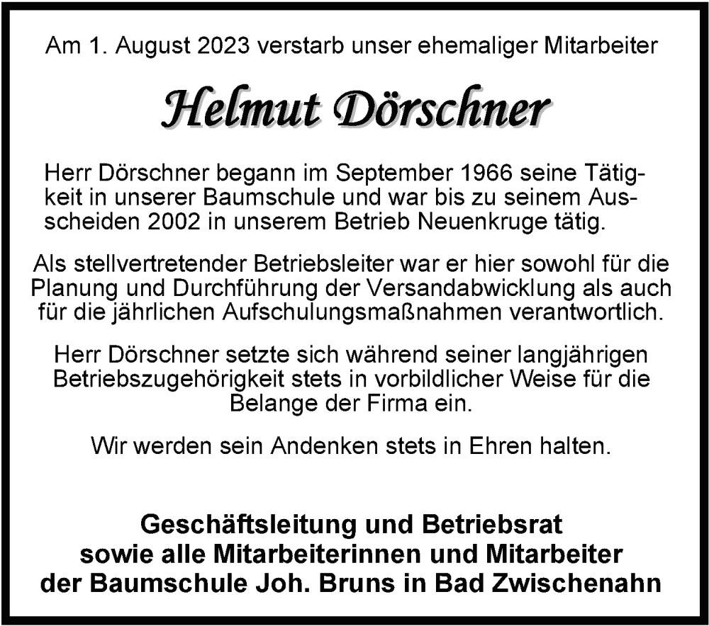  Traueranzeige für Helmut Dörschner vom 05.08.2023 aus Nordwest-Zeitung