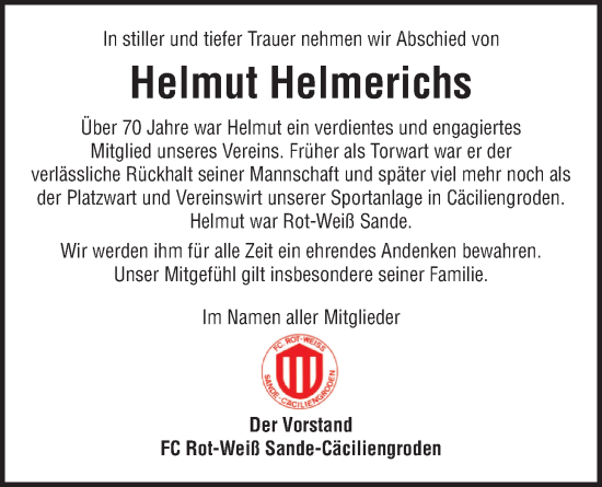 Traueranzeige von Helmut Helmerichs von WZ/JW/AH