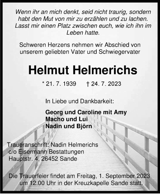 Traueranzeige von Helmut Helmerichs von WZ/JW/AH