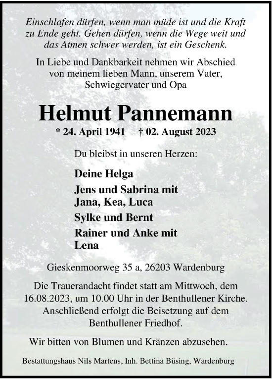 Traueranzeige von Helmut Pannemann von Nordwest-Zeitung