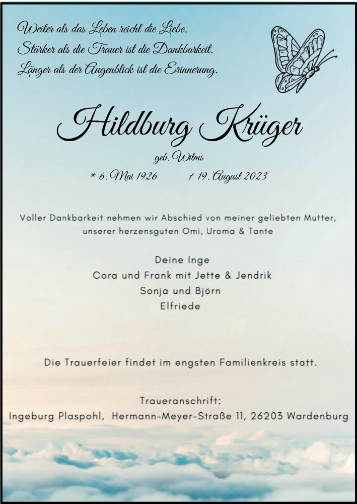  Traueranzeige für Hildburg Krüger vom 26.08.2023 aus Nordwest-Zeitung
