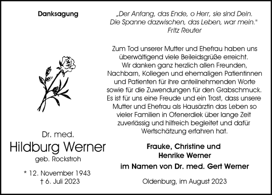 Traueranzeige von Hildburg Werner von Nordwest-Zeitung