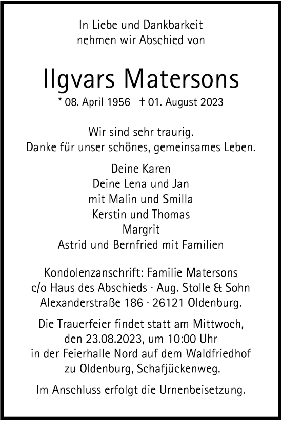 Traueranzeige von Ilgvars Matersons von Nordwest-Zeitung