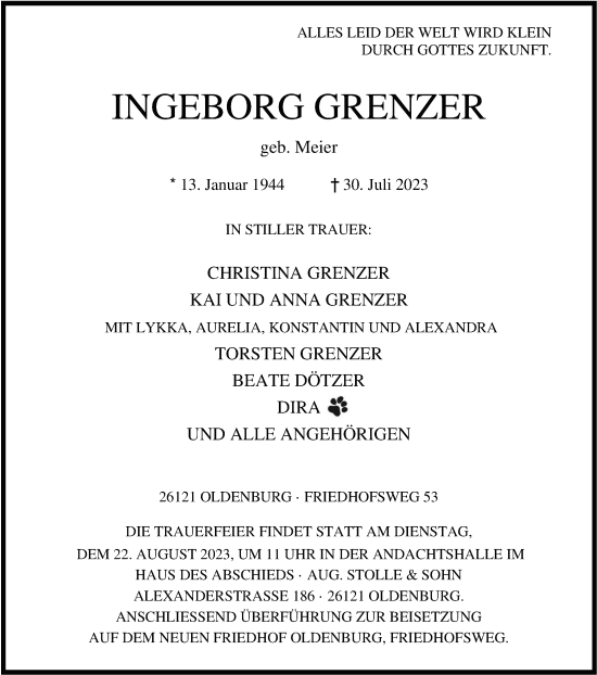Traueranzeige von Ingeborg Grenzer von Nordwest-Zeitung