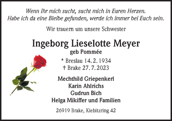 Traueranzeige von Ingeborg Meyer von Nordwest-Zeitung