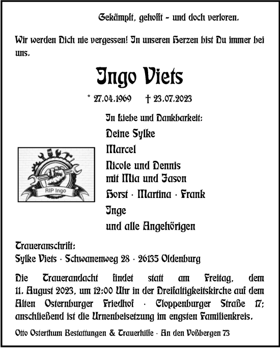 Traueranzeige von Ingo Viets von Nordwest-Zeitung