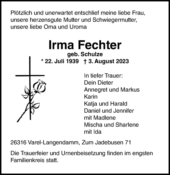 Traueranzeige von Irma Fechter von Nordwest-Zeitung