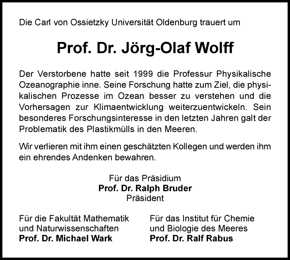  Traueranzeige für Jörg-Olaf Wolff vom 26.08.2023 aus Nordwest-Zeitung