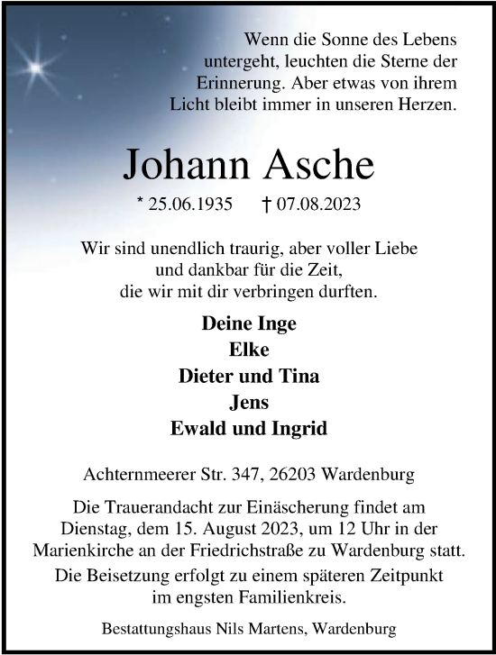 Traueranzeige von Johann Asche von Nordwest-Zeitung