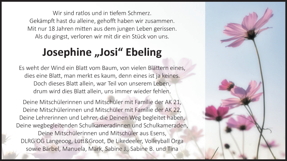  Traueranzeige für Josephine Ebeling vom 23.08.2023 aus WZ/JW/AH