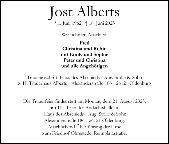 Traueranzeige von Jost Alberts von Nordwest-Zeitung