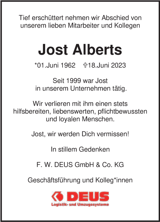 Traueranzeige von Jost Alberts von Nordwest-Zeitung