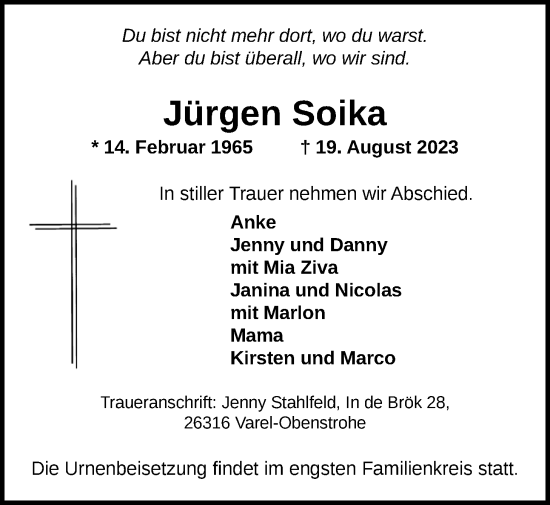 Traueranzeige von Jürgen Soika von Nordwest-Zeitung