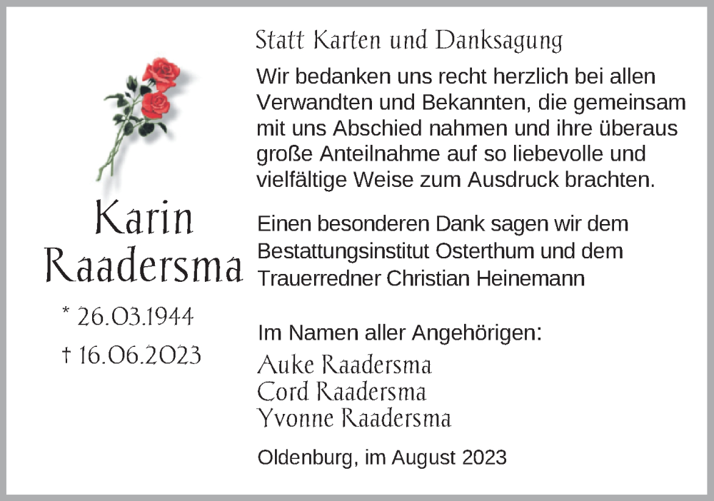  Traueranzeige für Karin Raadersma vom 11.08.2023 aus Nordwest-Zeitung