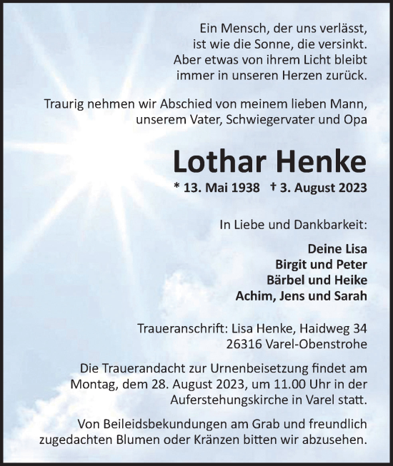 Traueranzeige von Lothar Henke von Nordwest-Zeitung